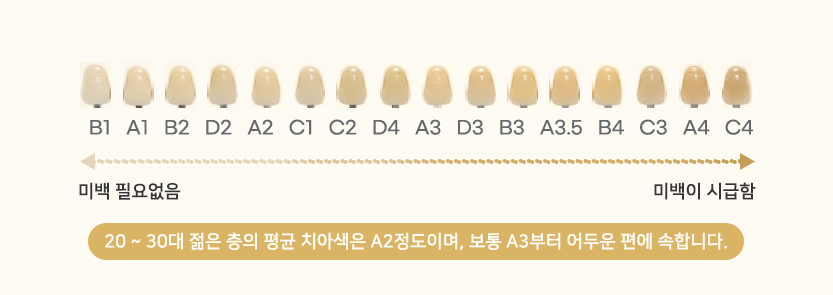 20 ~ 30대 젊은 층의 평균 치아색은 A2정도이며, 보통 A3부터 어두운 편에 속합니다.